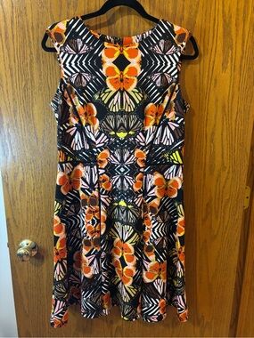 Dress Barn Black Floral Fit-and-Flare Dress with Orange, Pink and Yellow Accents